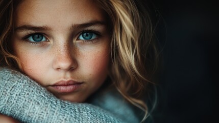 Naklejka premium A close-up of a young girl with striking blue eyes and a gentle expression, wrapped in a cozy sweater, showcasing innocence and warmth in natural light.