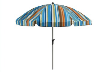 A colorful striped beach umbrella with blue, orange, and white shades, shown upright against a plain white background.