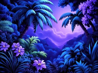 Tropical night scene. Lush foliage and palm trees