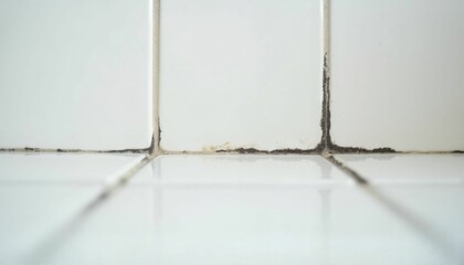 Black mold in tile grout on white bathroom tiles  