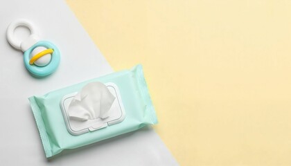 Baby wipes in open pack with baby toy on pastel background