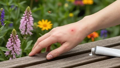 Hand with swollen bee sting and ointment near colorful flowers  