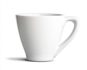 A simple, white ceramic coffee cup with a handle, shown on a white background with a slight shadow beneath it.