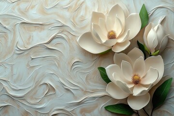 Fototapeta premium Ivory magnolia blooms with green leaves on painted background. It is ideal for spring designs or wedding stationery projects.