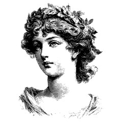 antique black and white drawing or engraving of the head of a young woman antique, black, drawing, engraving, hair, head, illustration, person, portrait, woman, young , Generative art.