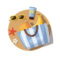 Colorful Bag on Summer Beach, travel concept. Beach bag filled with vibrant summer accessories is set against the backdrop of a tropical beach.