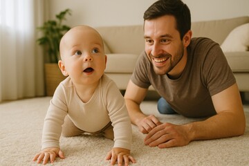 Father, on floor, smiles while watching infant crawling. Room is bright with minimal decor and natural light. Baby wears light onesie. Father is in casual tee shirt and jeans
