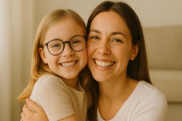 Woman and young girl, presumably mother and daughter, hug. Girl wears glasses and smiles. Both are looking at viewer with big smiles in an indoor setting