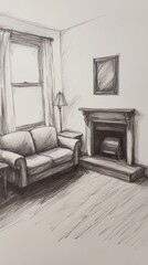 Interior sketch of a cozy room with a window, sofa, fireplace
