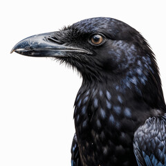 Fototapeta premium Regal Raven Portrait: A captivating close-up portrait of a raven, its sleek, ebony feathers gleaming in the light, showcasing the bird's intelligent gaze.