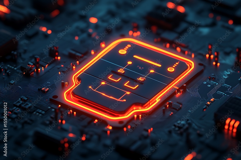 Poster 3d icon of a circuit board shaped like a robot head, luminous traces, dark tech background