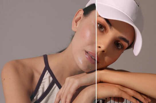Portrait of woman before and after retouching on grey background