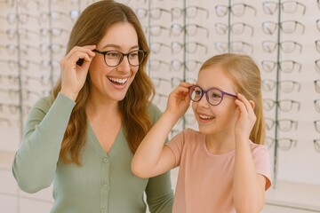 Smiling woman and little girl try on different eyeglasses at optician store. They seem happy with their shopping experience. Wall is full of various frames