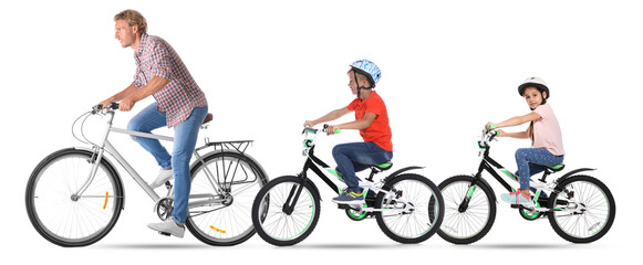 Naklejka premium Man and children riding bicycles on white background