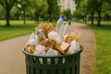 Public trash can is filled to overflowing with litter. Paper bags, plastic bottles, and aluminum can spill out. Bin sits on path in park, with lawn and trees in background