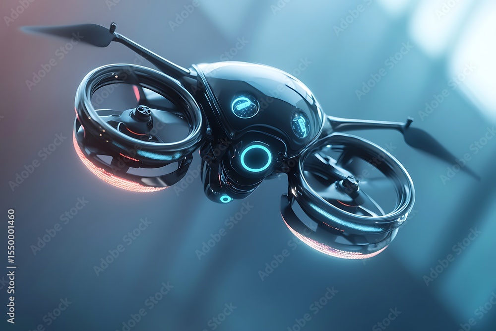 Aufkleber 3d icon of a drone robot hovering, sleek propellers and shining shell, light tech background