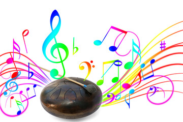 Steel tongue drum with soft mallet on white background. Colorful music notes and sound lines...