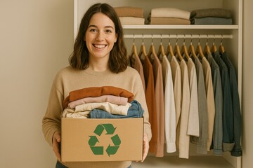 Woman in a beige sweater holds box with recycling symbol filled with clothes. Her wardrobe with folded and hanging clothes stands open behind her. She is smiling and donating