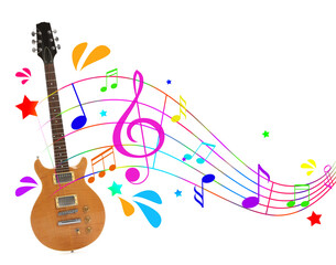Wooden electric guitar on white background. Colorful music notes, droplets and stars around...
