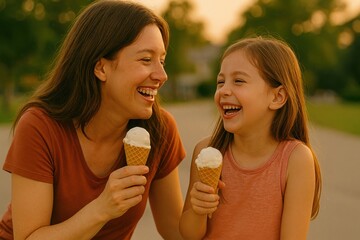 Mother and daughter are smiling and laughing while holding ice cream cones. Both are outside on a Summer evening. They are enjoying a fun time together