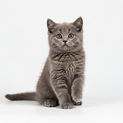 A cute grey kitten sits attentively, posing for the camera on a white background.