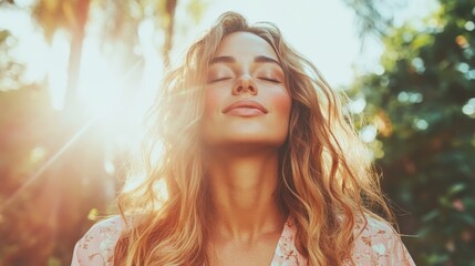 A young woman stands outdoors with her eyes closed, embracing the warm sunlight, exuding a calm and positive energy amidst the greenery surrounding her, symbolizing peace.