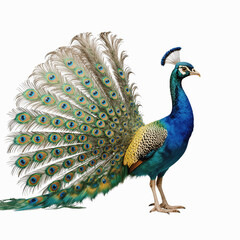 Fototapeta premium Majestic Peacock: A radiant peacock with vibrant blue plumage and an elaborate, fanned tail showcases its beauty in full splendor. The image captures the bird's elegant posture and striking patterns.