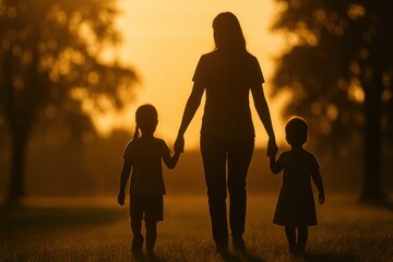 Silhouette shows mother walking with two young children, holding hands, across grassy field during golden hour sunset. Mature trees visible in distance add to peaceful outdoor setting