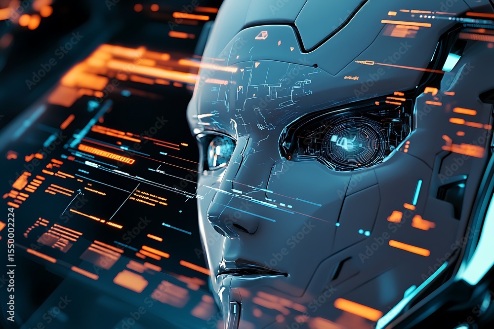 Poster 3d icon of a humanoid robot face with digital interface projections, futuristic setting