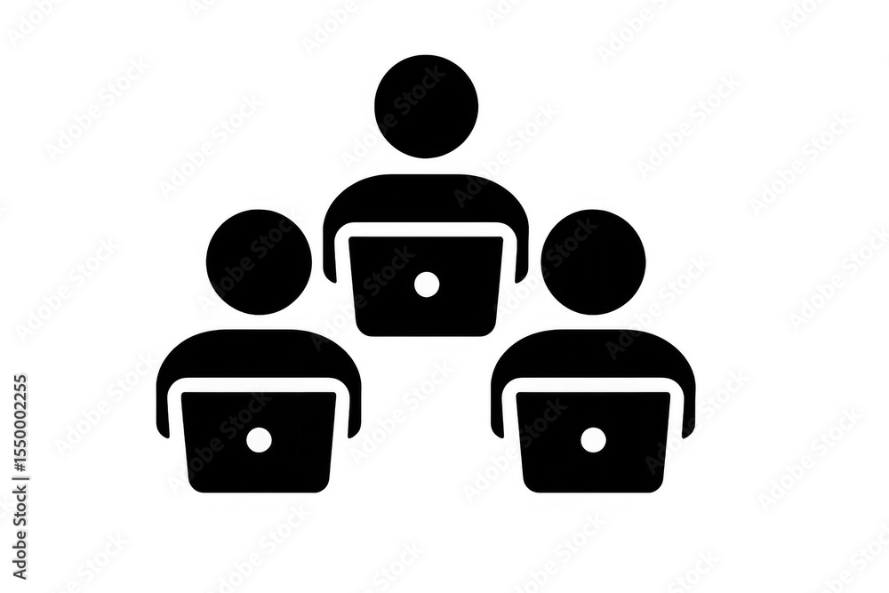 Poster black and white icon of a team using laptops, isolated on a transparent background, ideal for projec
