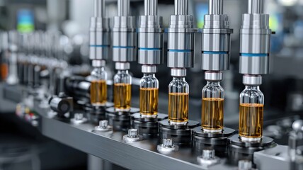 Close-up of a high-speed automated machine filling and sealing medical ampoules in a sterile pharmaceutical production line