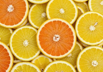 Obraz premium Vibrant arrangement of citrus fruit slices, perfect for healthy eating and refreshing concepts.
