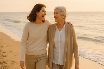During sunset, woman and her senior mother are strolling along coast; they smile at each other. They are enjoying their time at sandy beach with warm, golden light