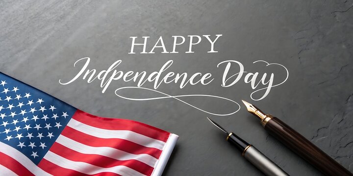 Happy independence day text with american flag and fountain pens on dark background