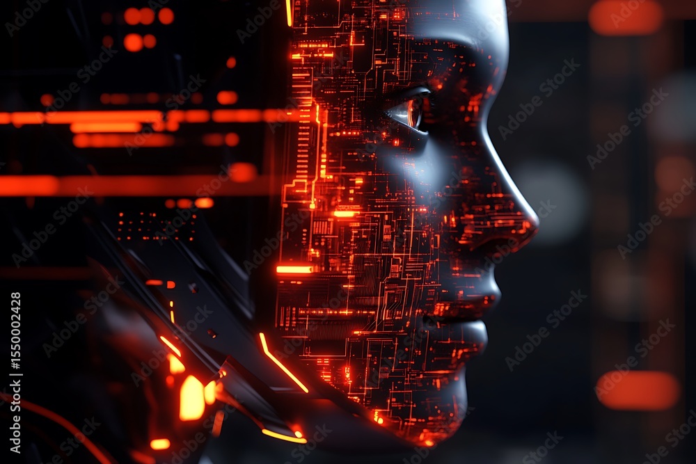 Poster 3d icon of a humanoid robot face with digital interface projections, futuristic setting
