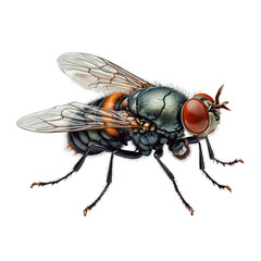 Fototapeta premium Macro fly in detail: A detailed view showcases the intricate anatomy and striking features of a macro fly against a clean backdrop, offering a captivating glimpse into the world of insects.
