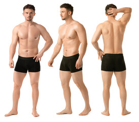 Handsome man in black underwear on white background, collage. View from different sides