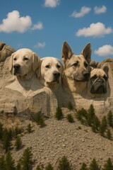 Surreal Mount Rushmore parody with realistic dog heads carved into mountain representing pet tribute humor and creative animal themed monument concept
