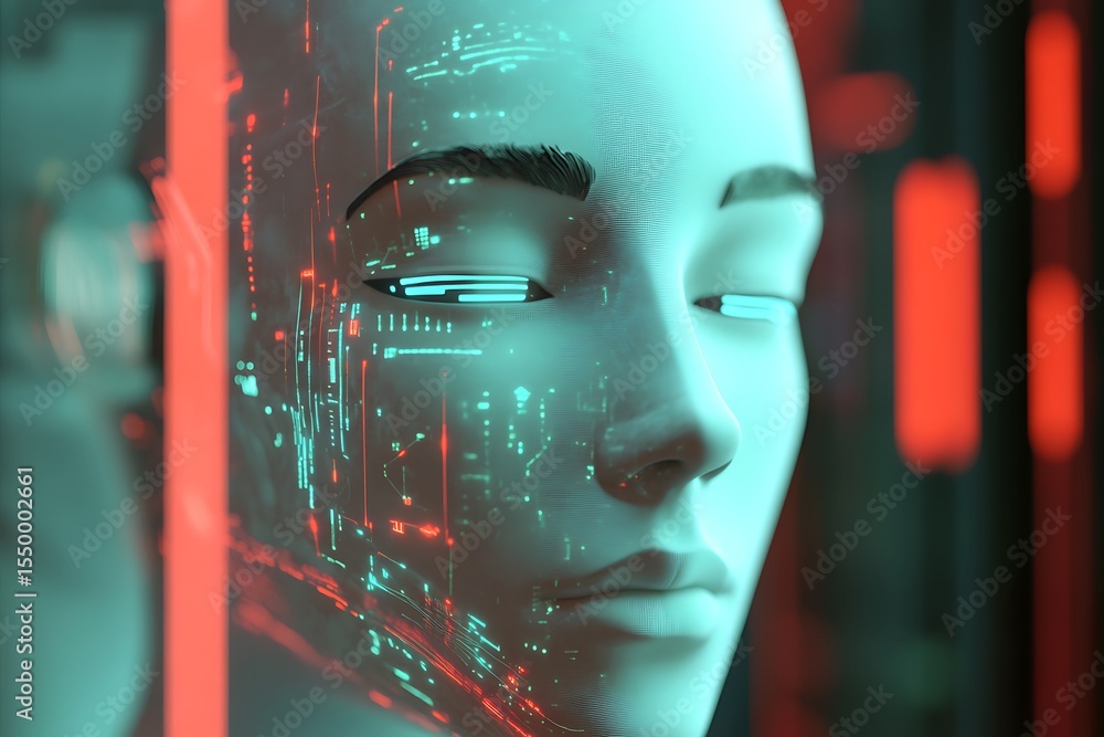 Poster 3d icon of a humanoid robot face with digital interface projections, futuristic setting