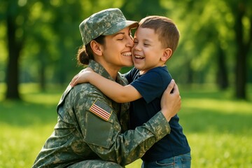 Smiling military woman in uniform hugs her son tightly in park. She wears army camouflage and has United States flag patch. Child embraces his mother, both laughing happily