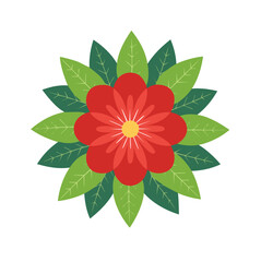 Red flower with green leaves floral design element