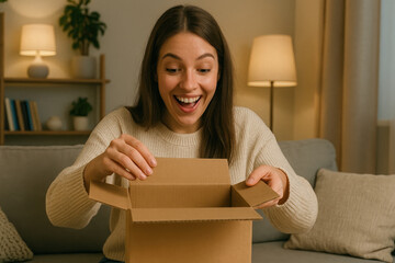 Young Woman sits on couch with happy expression as she opens cardboard box in living room. Warm light from lamps illuminates the scene in her cozy home