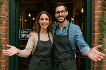 Smiling woman and man stand in doorway. Both are wearing aprons and welcoming customers into their new small business. Open sign hangs in background by a brick exterior