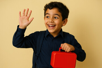 Smiling young boy in dark shirt waving and holding a red lunchbox, ready for school against a warm beige background