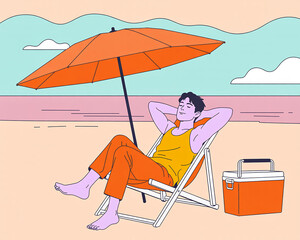 Relaxed man on the beach reclining in a chair with umbrella enjoying summer vacation time
