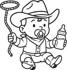 Tiny Cowboy in Training: An adorable cartoon baby cowboy, complete with hat, holding a rope and bottle, is set to steal your heart, ready for a day of fun and adventure.