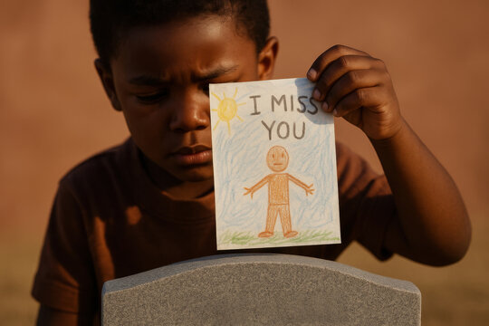 Sad young boy holding a crayon drawing reading i miss you while standing at a grave, expressing grief and profound loss