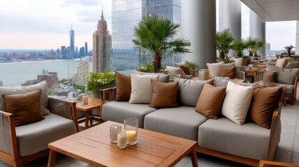 Obraz premium Enjoy a tranquil rooftop terrace with city skyline views, warm lighting, cozy seating, and candlelight at twilight