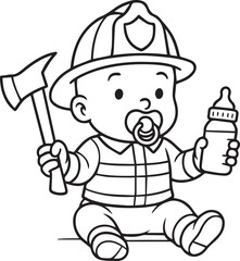 Brave Little Firefighter: Adorable line art of a baby dressed as a firefighter, holding a small axe and a baby bottle, exuding a cute blend of courage and innocence.