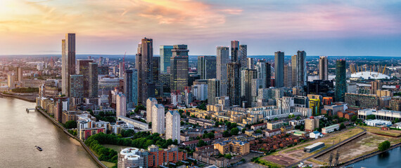 Panoramic aerial view of the district Canary Wharf and the Docklands in London, England, during...